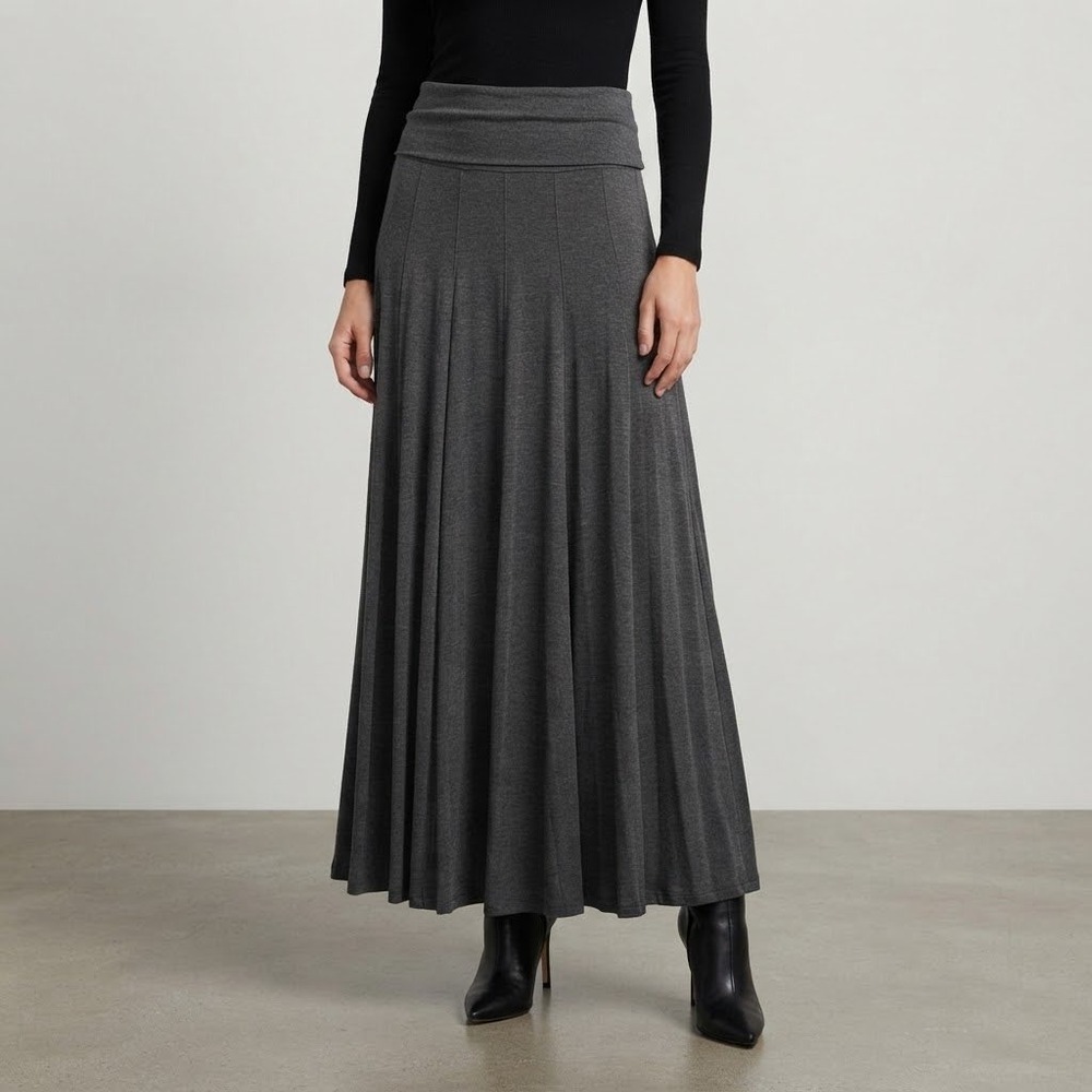 Lapis Gray Foldover Maxi Skirt Size L Pleated Tiered Long Skirt Rayon Spandex